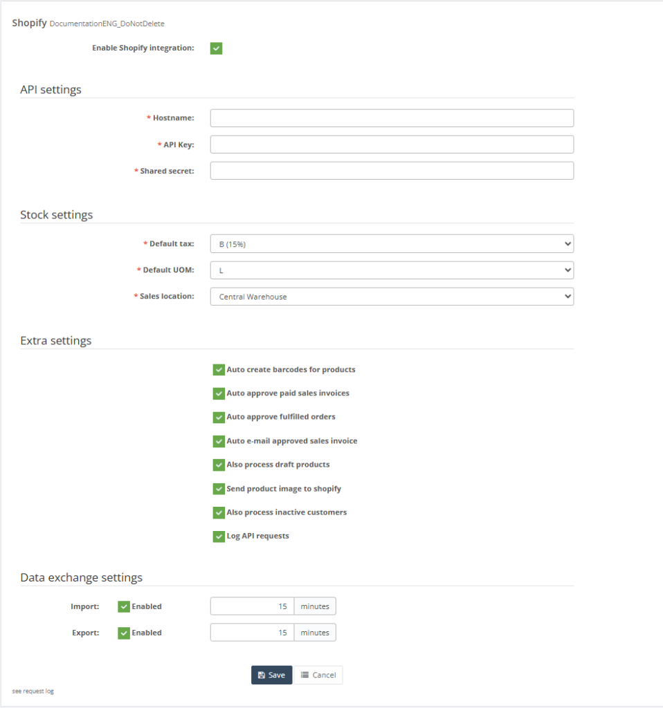 Shopify integration settings in Resico