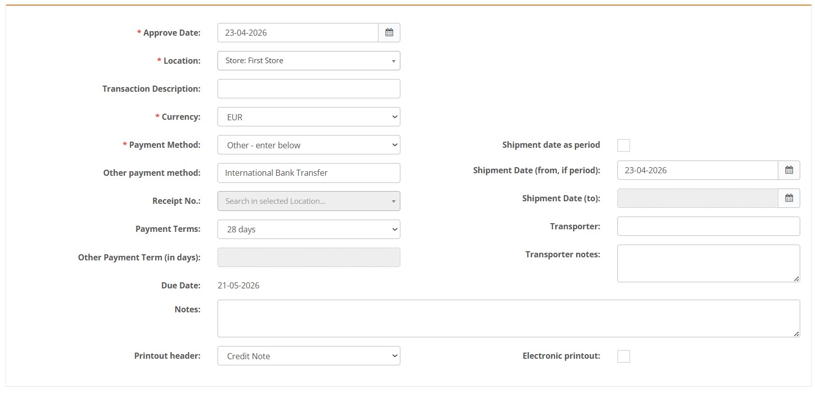 Credit note header details screen