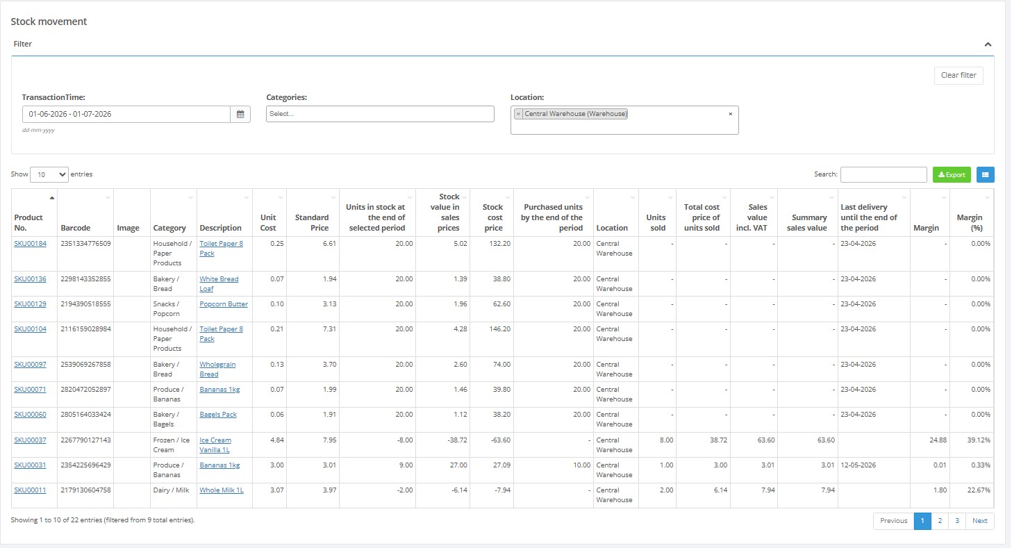 Stock movement report screenshot